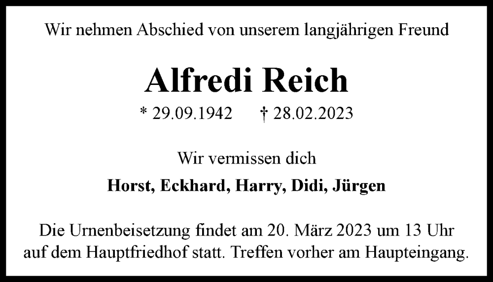  Traueranzeige für Alfredi Reich vom 17.03.2023 aus Braunschweiger Zeitung