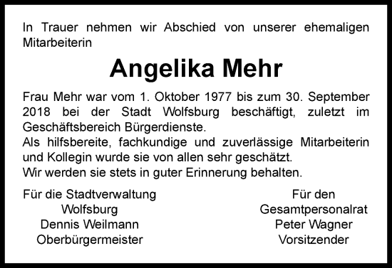 Traueranzeige von Angelika Mehr von Wolfsburger Nachrichten