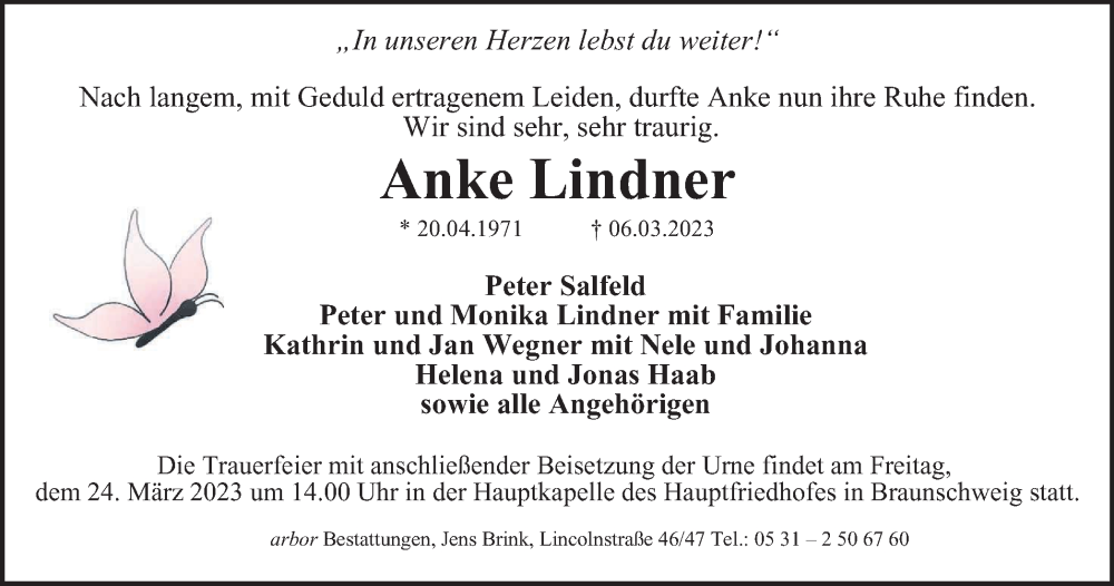  Traueranzeige für Anke Lindner vom 18.03.2023 aus Braunschweiger Zeitung