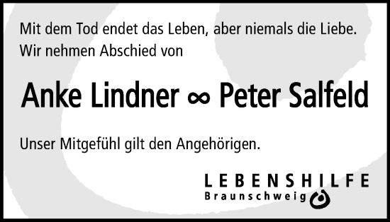 Traueranzeige von Anke und Peter Lindner, Salfeld von Braunschweiger Zeitung