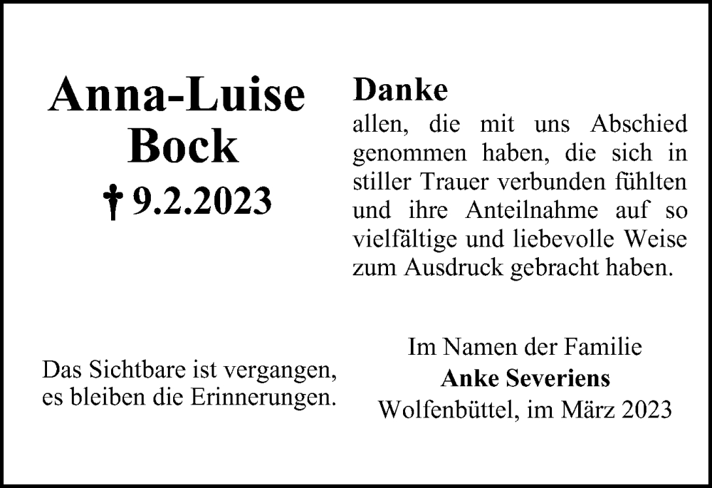  Traueranzeige für Anna-Luise Bock vom 18.03.2023 aus Wolfenbütteler Zeitung