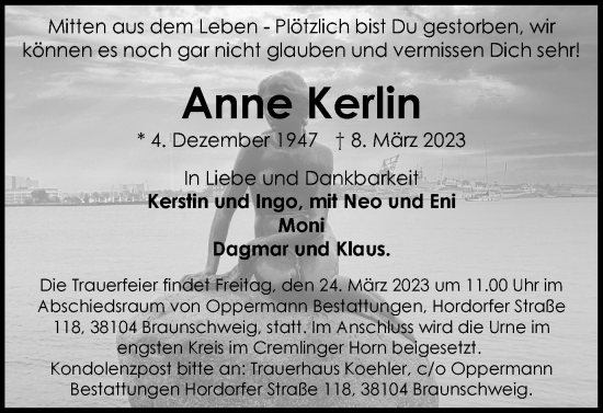 Traueranzeige von Anne Kerlin von Braunschweiger Zeitung