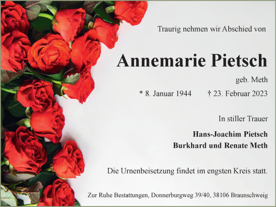 Traueranzeige von Annemarie Pietsch von Braunschweiger Zeitung