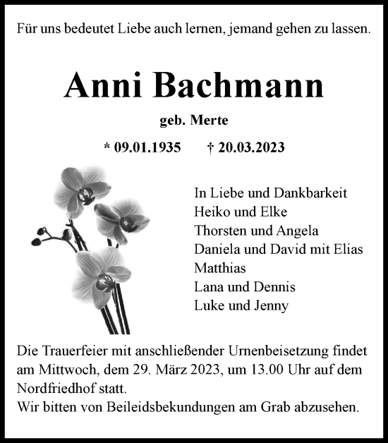 Traueranzeige von Anni Bachmann von Wolfsburger Nachrichten
