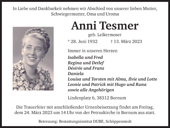 Traueranzeige von Anni Tesmer von Wolfenbütteler Zeitung