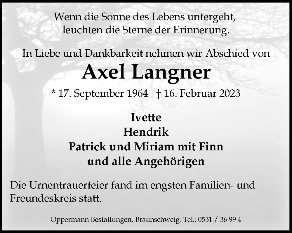  Traueranzeige für Axel Langner vom 04.03.2023 aus Wolfenbütteler Zeitung