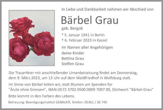 Traueranzeige von Bärbel Grau von Wolfsburger Nachrichten