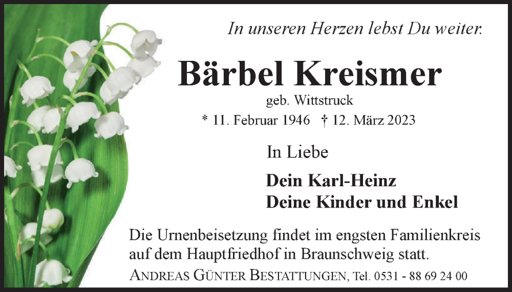  Traueranzeige für Bärbel Kreismer vom 18.03.2023 aus Braunschweiger Zeitung