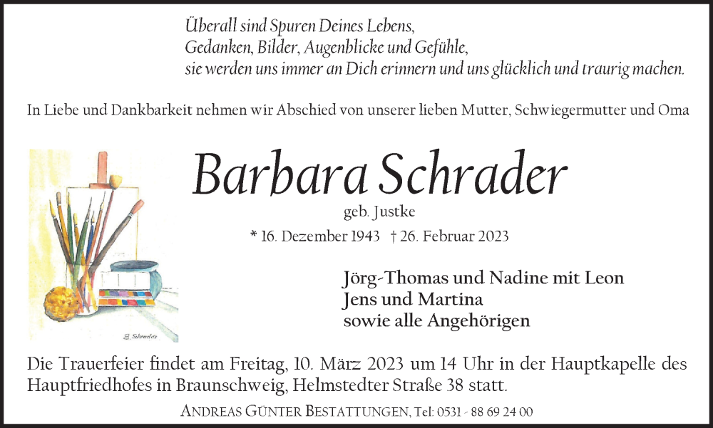  Traueranzeige für Barbara Schrader vom 04.03.2023 aus Braunschweiger Zeitung