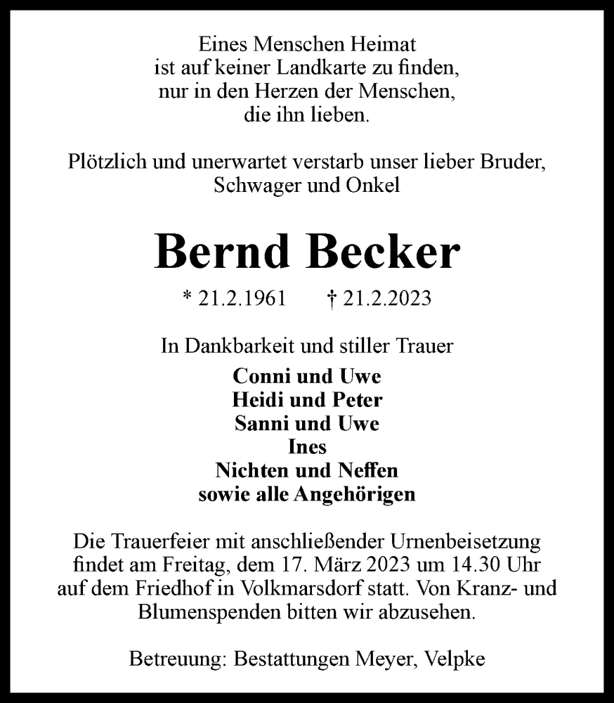  Traueranzeige für Bernd Becker vom 11.03.2023 aus Helmstedter Nachrichten