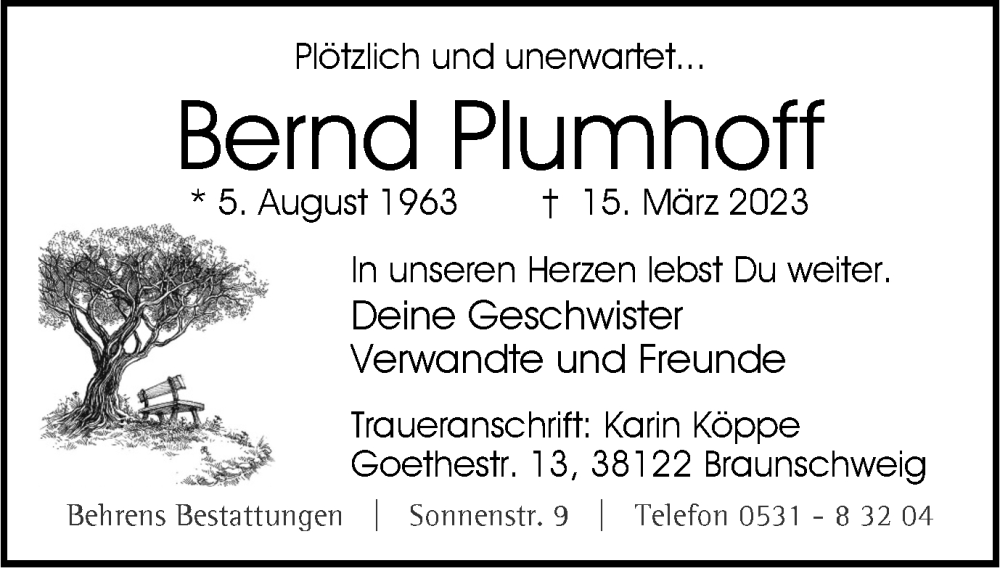  Traueranzeige für Bernd Plumhoff vom 22.03.2023 aus Braunschweiger Zeitung