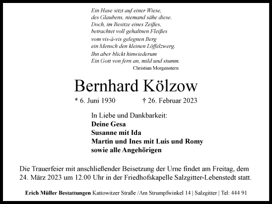 Traueranzeige von Bernhard Kölzow von Salzgitter-Zeitung