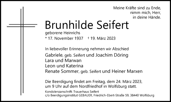 Traueranzeige von Brunhilde Seifert von Wolfsburger Nachrichten