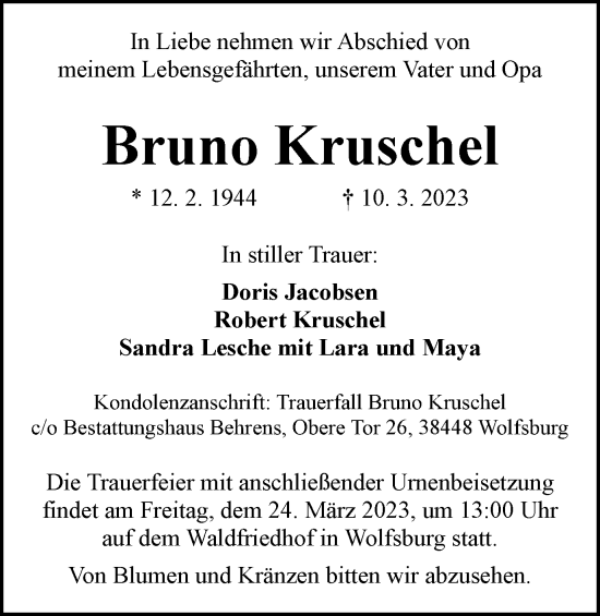 Traueranzeige von Bruno Kruschel von Wolfsburger Nachrichten