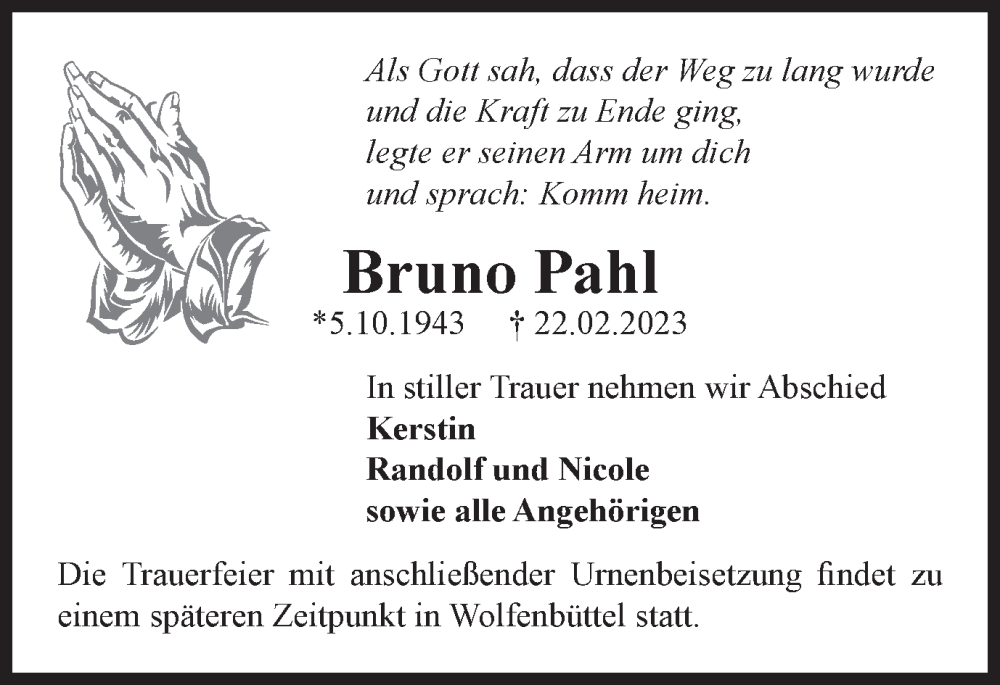  Traueranzeige für Bruno Pahl vom 01.03.2023 aus Helmstedter Nachrichten