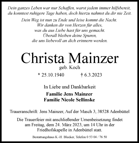 Traueranzeige von Christa Mainzer von Braunschweiger Zeitung
