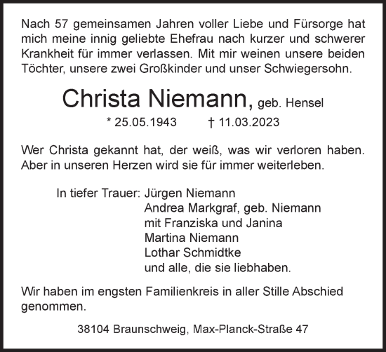 Traueranzeige von Christa Niemann von Braunschweiger Zeitung