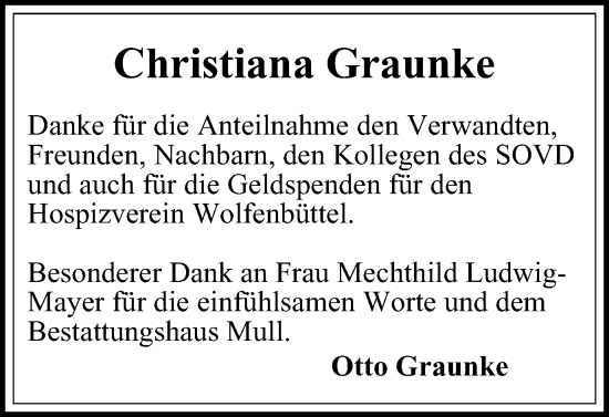 Traueranzeige von Christiana Graunke von Braunschweiger Zeitung