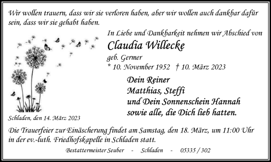 Traueranzeige von Claudia Willecke von Wolfenbütteler Zeitung