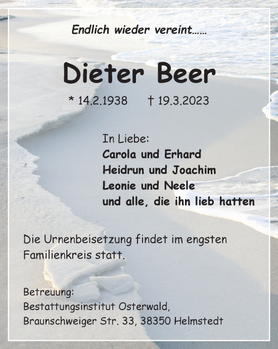 Traueranzeige von Dieter Beer von Helmstedter Nachrichten