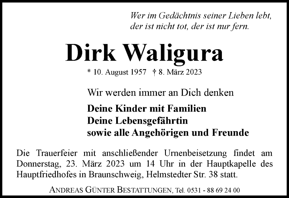  Traueranzeige für Dirk Waligura vom 11.03.2023 aus Braunschweiger Zeitung