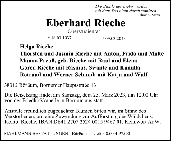 Traueranzeige von Eberhard Rieche von Wolfenbütteler Zeitung