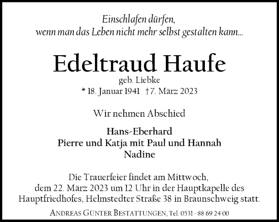Traueranzeige von Edeltraud Haufe von Braunschweiger Zeitung