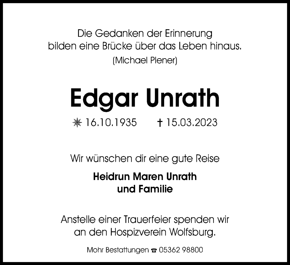  Traueranzeige für Edgar Unrath vom 18.03.2023 aus Wolfsburger Nachrichten