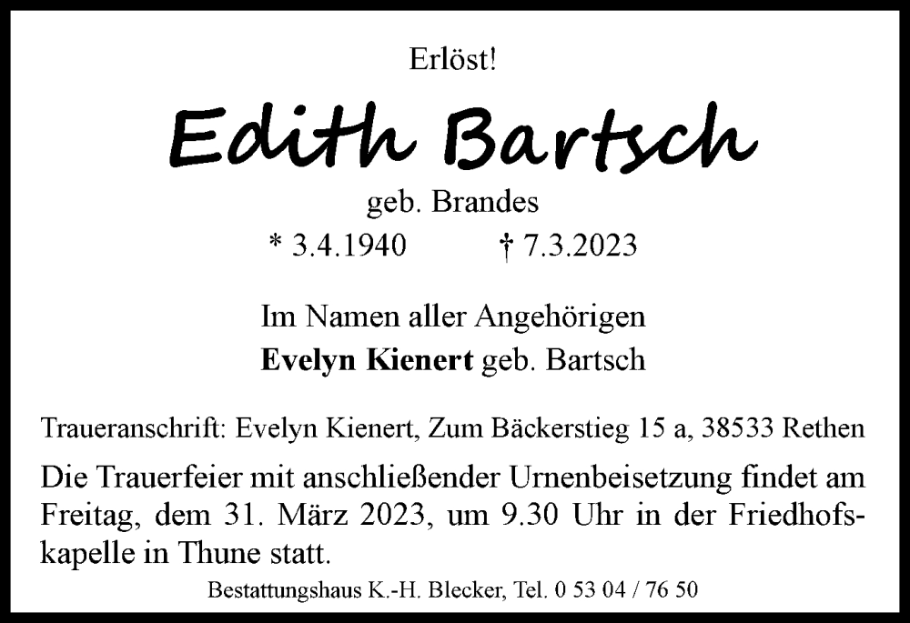  Traueranzeige für Edith Bartsch vom 18.03.2023 aus Braunschweiger Zeitung