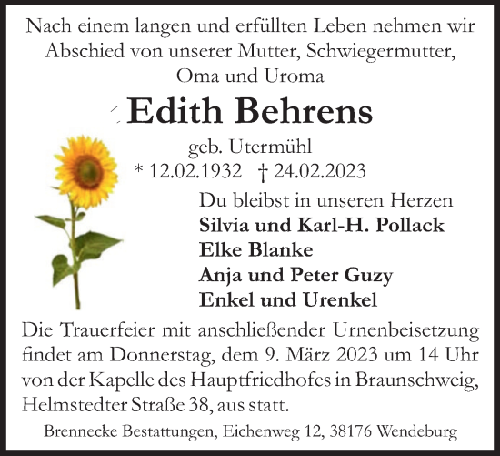 Traueranzeige von Edith Behrens von Braunschweiger Zeitung
