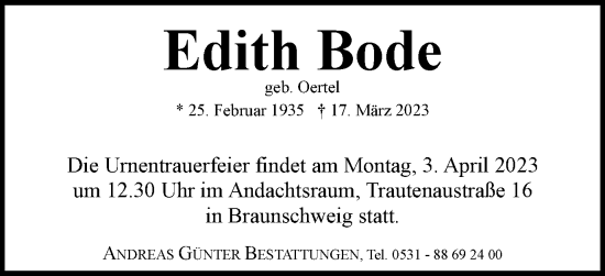 Traueranzeige von Edith Bode von Braunschweiger Zeitung