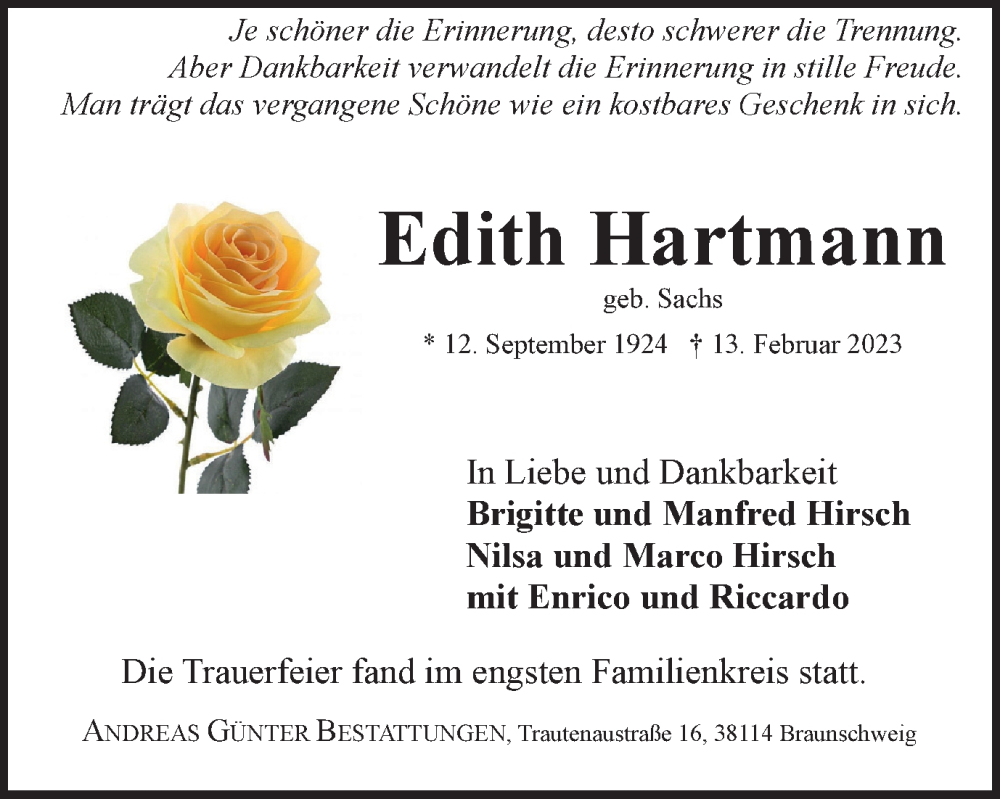  Traueranzeige für Edith Hartmann vom 04.03.2023 aus Braunschweiger Zeitung