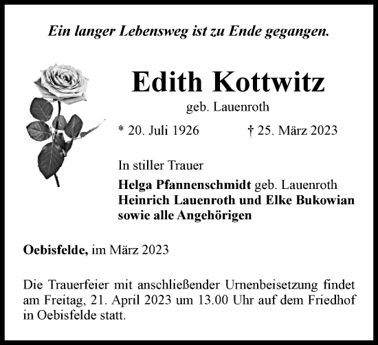 Traueranzeige von Edith Kottwitz von Wolfsburger Nachrichten