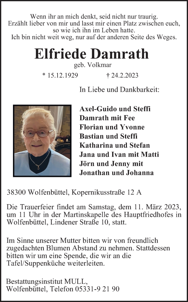  Traueranzeige für Elfriede Damrath vom 04.03.2023 aus Wolfenbütteler Zeitung
