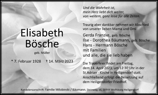 Traueranzeige von Elisabeth Bösche von Wolfsburger Nachrichten