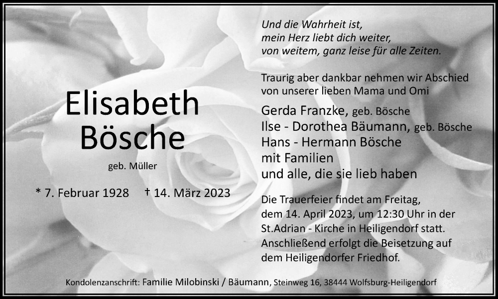  Traueranzeige für Elisabeth Bösche vom 18.03.2023 aus Wolfsburger Nachrichten