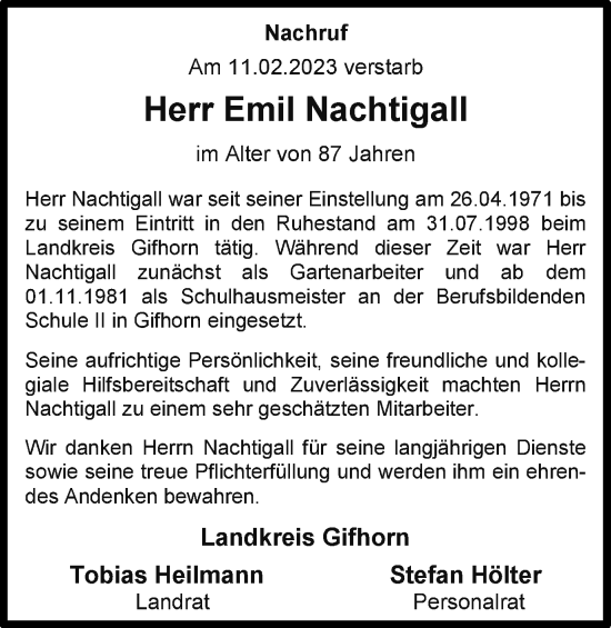 Traueranzeige von Emil Nachtigall von Wolfsburger Nachrichten