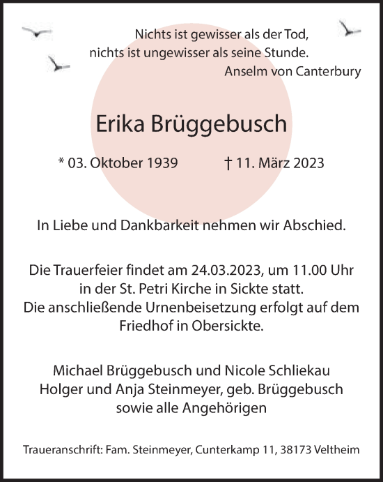 Traueranzeige von Erika Brüggebusch von Wolfenbütteler Zeitung