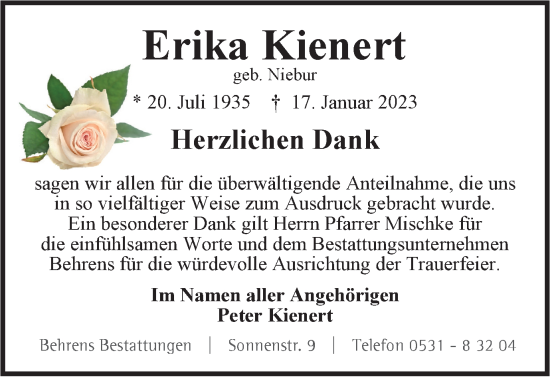 Traueranzeige von Erika Kienert von Braunschweiger Zeitung