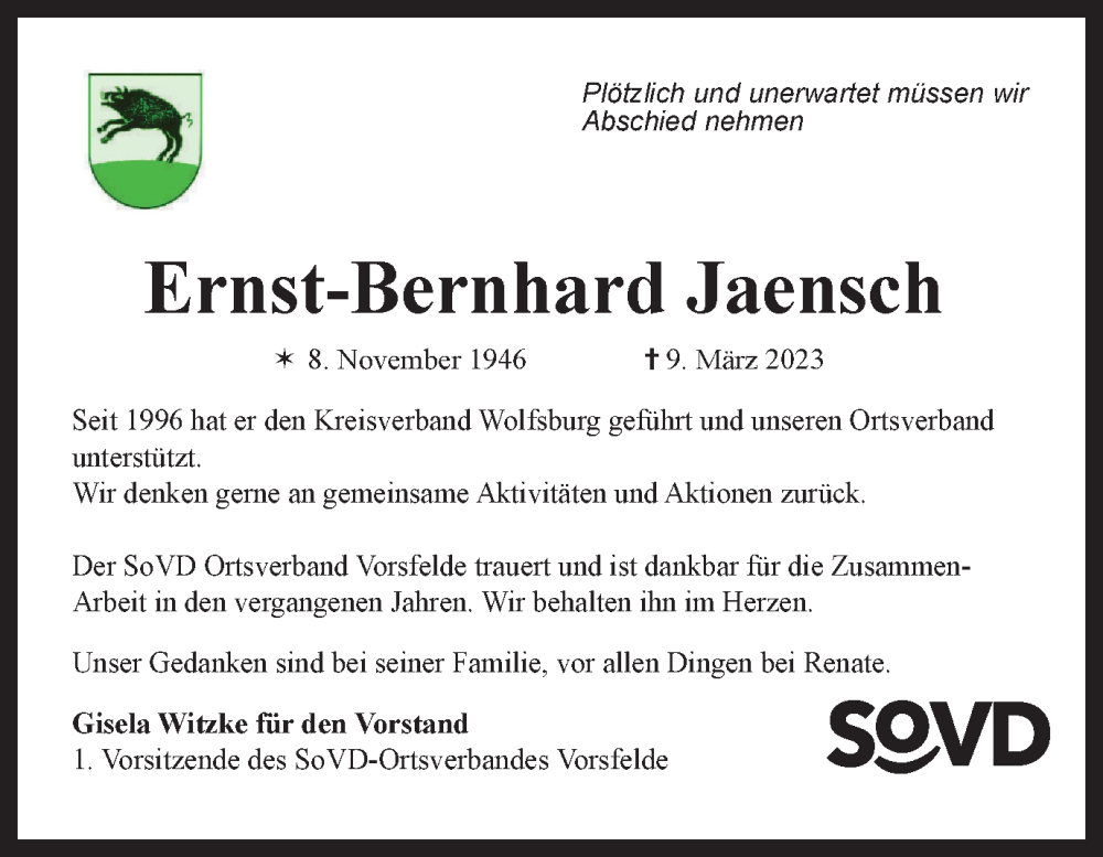  Traueranzeige für Ernst-Bernhard Jaensch vom 18.03.2023 aus Wolfsburger Nachrichten