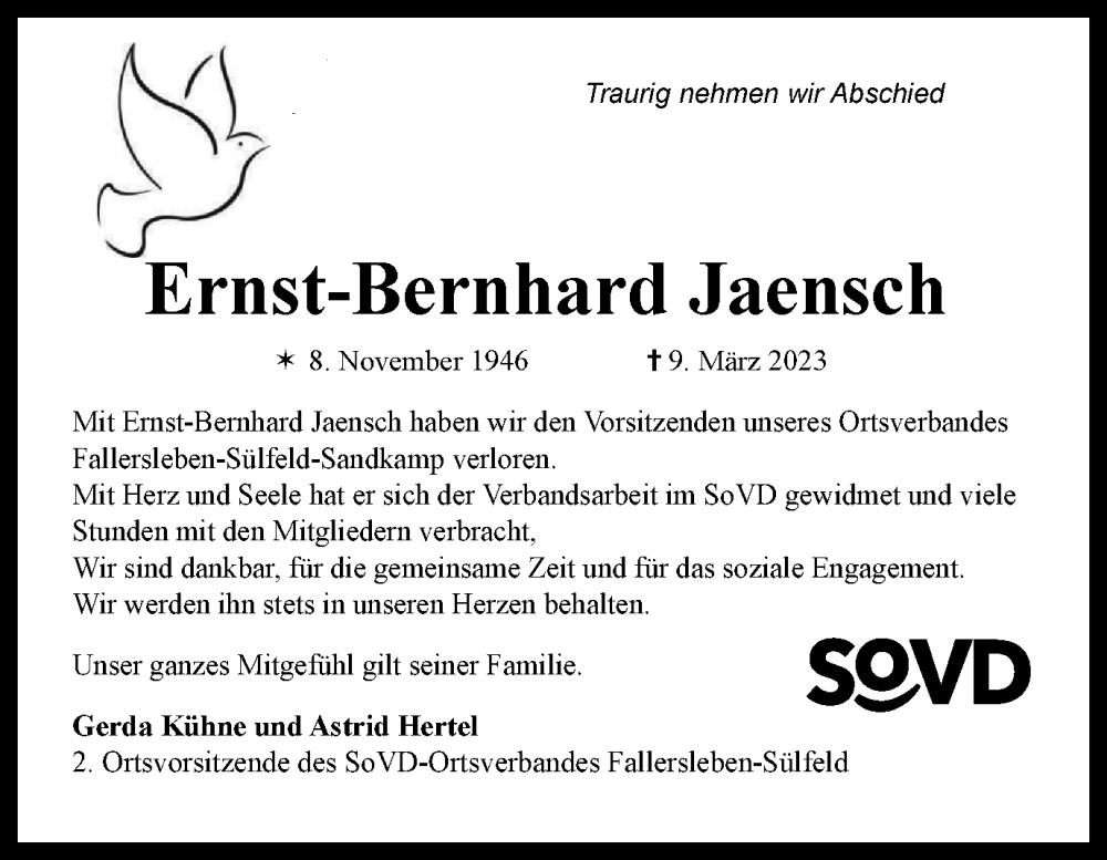  Traueranzeige für Ernst-Bernhard Jaensch vom 18.03.2023 aus Wolfsburger Nachrichten