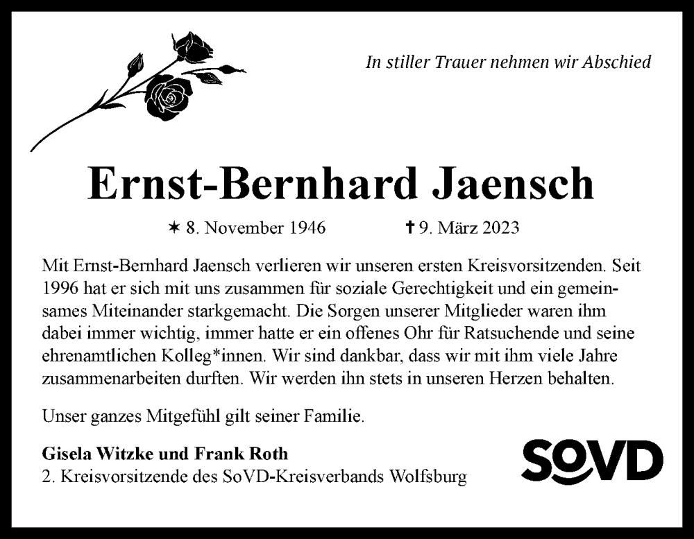  Traueranzeige für Ernst-Bernhard Jaensch vom 18.03.2023 aus Wolfsburger Nachrichten
