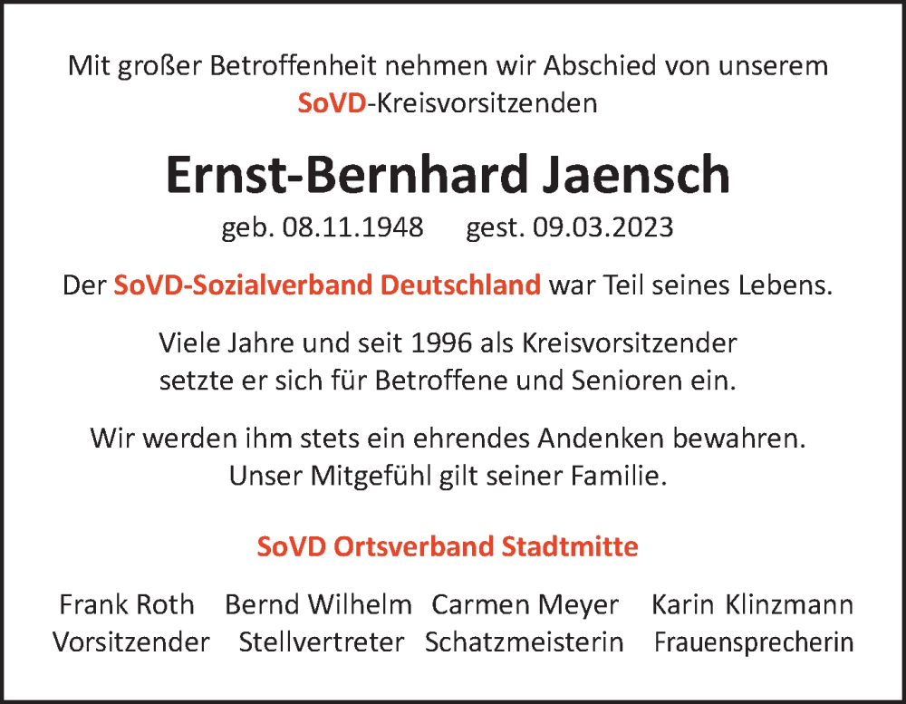  Traueranzeige für Ernst-Bernhard Jaensch vom 18.03.2023 aus Wolfsburger Nachrichten