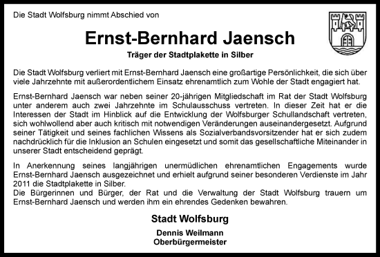 Traueranzeige von Ernst-Bernhard Jaensch von Wolfsburger Nachrichten
