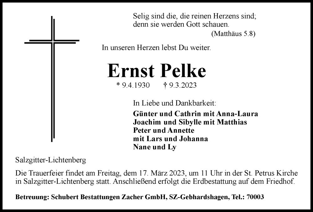  Traueranzeige für Ernst Pelke vom 14.03.2023 aus Salzgitter-Zeitung