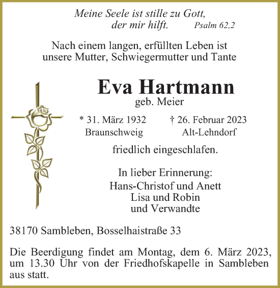 Traueranzeige von Eva Hartmann von Braunschweiger Zeitung