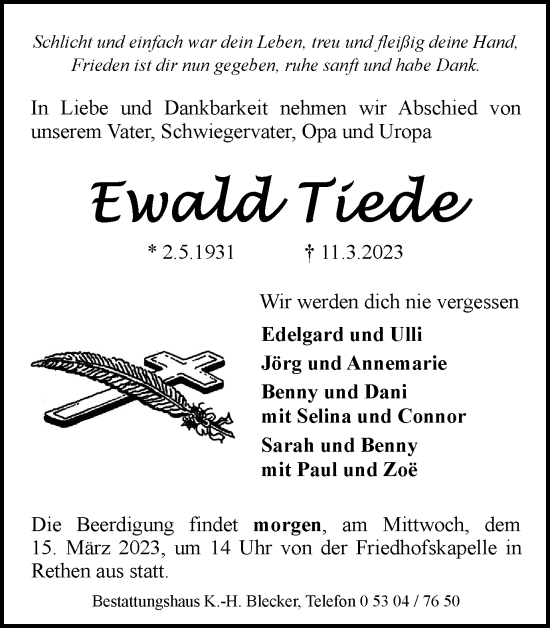 Traueranzeige von Ewald Tiede von Wolfsburger Nachrichten