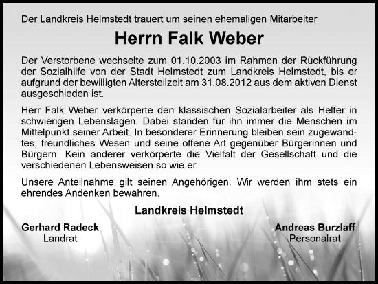 Traueranzeige von Falk Weber von Helmstedter Nachrichten