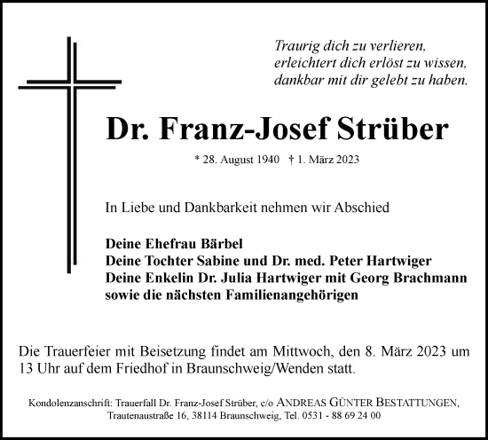 Traueranzeige von Franz-Josef Strüber von Braunschweiger Zeitung