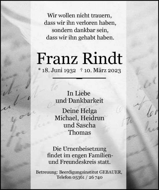 Traueranzeige von Franz Rindt von Wolfsburger Nachrichten